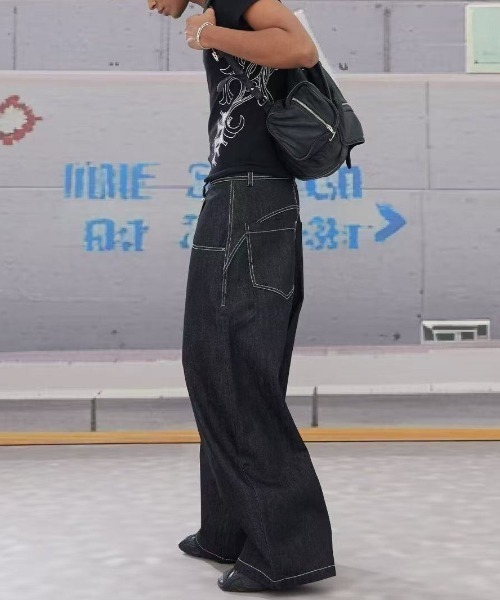 FreeZone ワイドパンツ ジーンズ メタルバックルデザイン デニムワイド