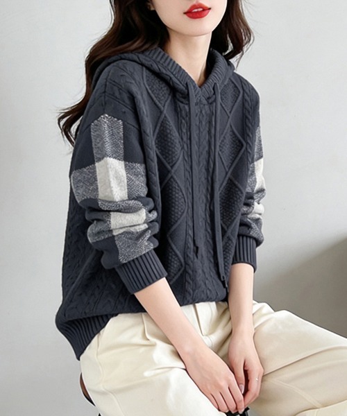 ニット セーター ケーブル編み×ボーダー袖フード付きニットトップス