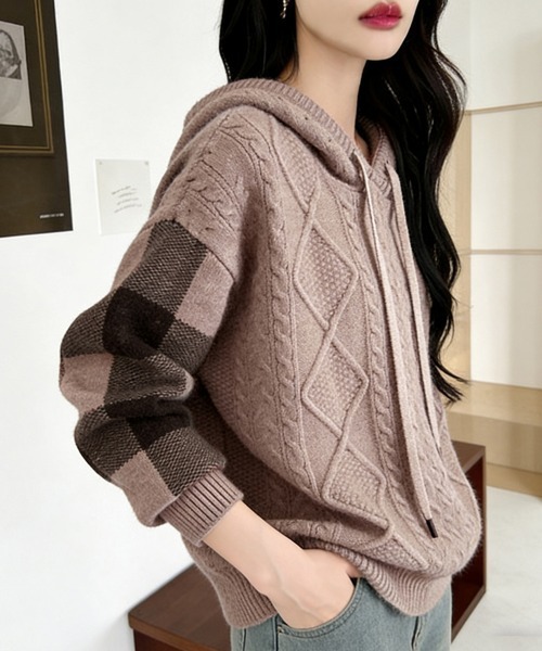 ニット セーター ケーブル編み×ボーダー袖フード付きニットトップス