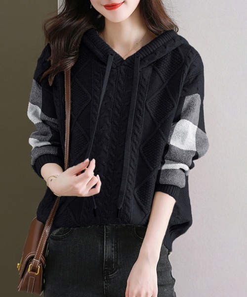ニット セーター ケーブル編み×ボーダー袖フード付きニットトップス