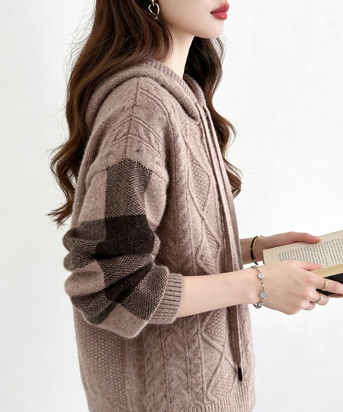 ニット セーター ケーブル編み×ボーダー袖フード付きニットトップス