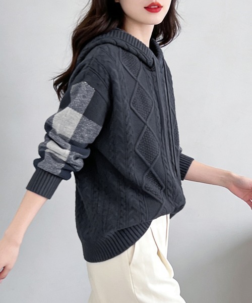 ニット セーター ケーブル編み×ボーダー袖フード付きニットトップス