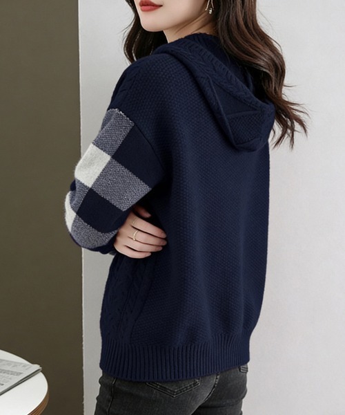 ニット セーター ケーブル編み×ボーダー袖フード付きニットトップス