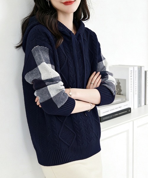 ニット セーター ケーブル編み×ボーダー袖フード付きニットトップス