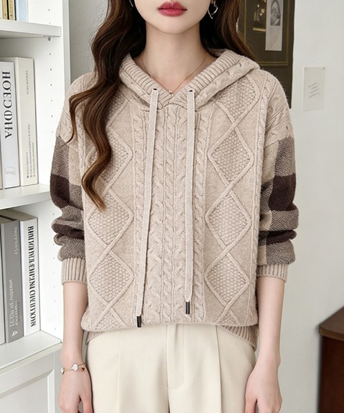 ニット セーター ケーブル編み×ボーダー袖フード付きニットトップス