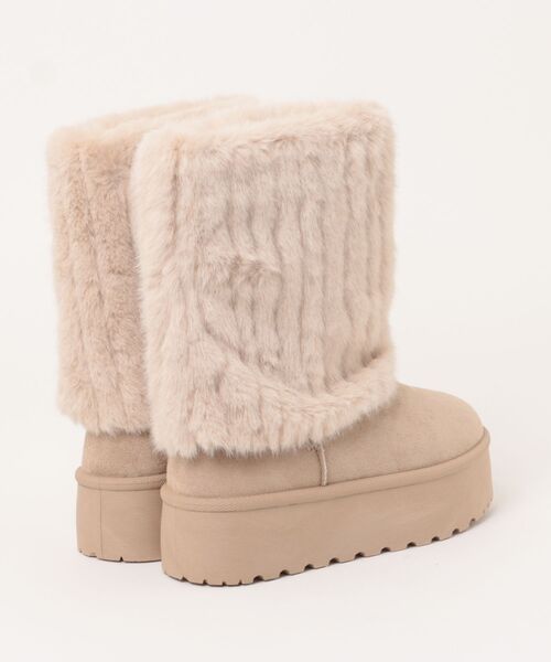 ブーツ 「厚底×ファー切替」レディース フェイクムートンブーツ ロング