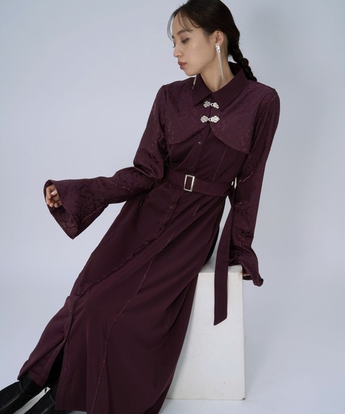 【未使用】HARE　イソザイキリカエワンピース　ボルドー　ジャガード　ベルト付き HARE（ハレ） ワンピース ジャガードチャイナボレロワンピース(HARE