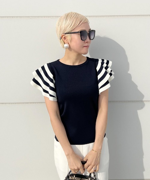 「JENNE」 半袖ニット MEDIUM ネイビー レディースの画像3