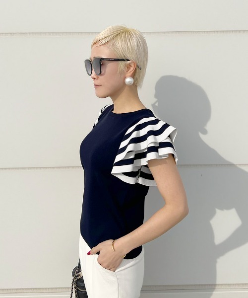 「JENNE」 半袖ニット MEDIUM ネイビー レディースの画像7