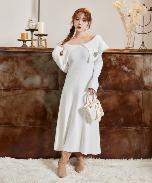 one after another NICE CLAUP ワンピース ブローチ付きニットロング