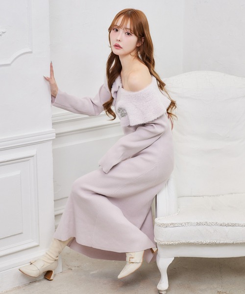 one after another NICE CLAUP ワンピース ブローチ付きニットロング