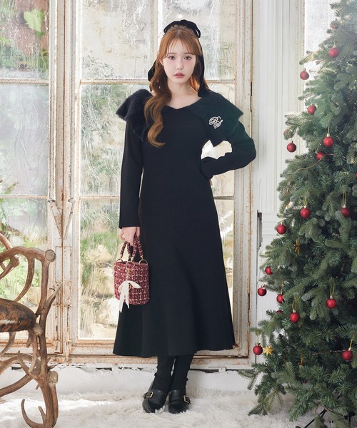 one after another NICE CLAUP ワンピース ブローチ付きニットロング