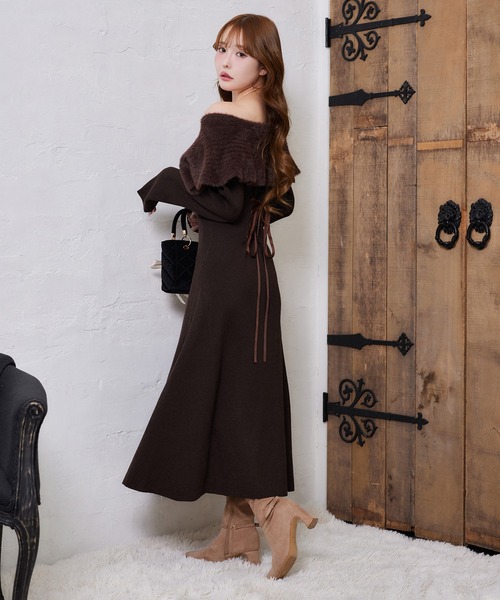 one after another NICE CLAUP ワンピース ブローチ付きニットロング