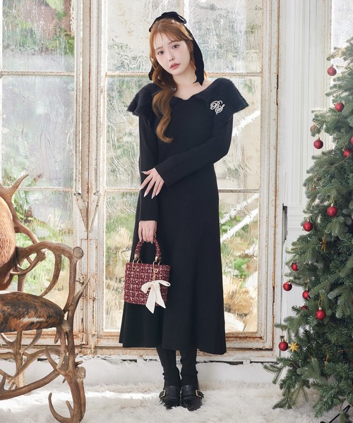 one after another NICE CLAUP ワンピース ブローチ付きニットロング