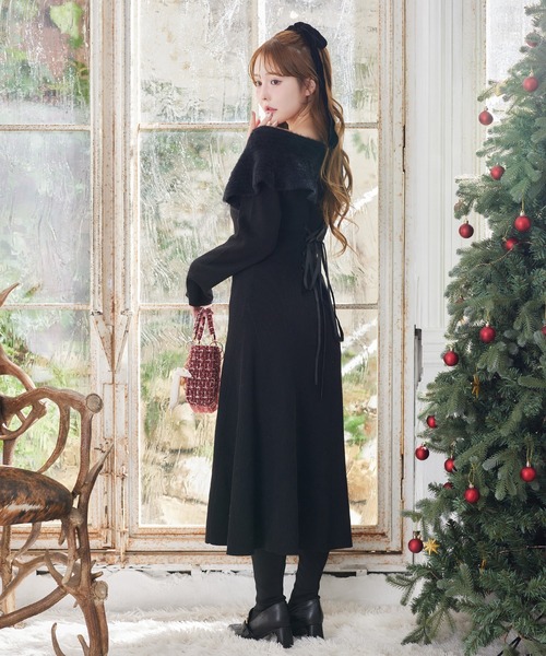 one after another NICE CLAUP ワンピース ブローチ付きニットロング