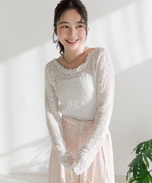 レースポンポントップス♡ Ada. ブラウス シャツ ボレロ風 総レース リボン ショート トップス