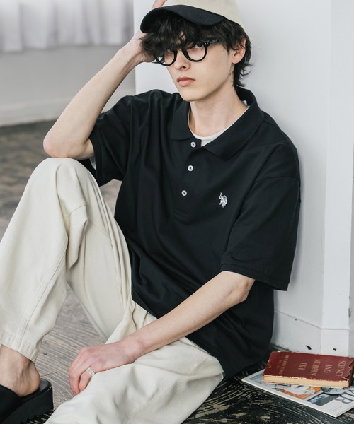RRL ブラックポロシャツ(^o^)／ ボタンドプラケット ロングスリーブ ポロシャツ（シャツ/ブラウス