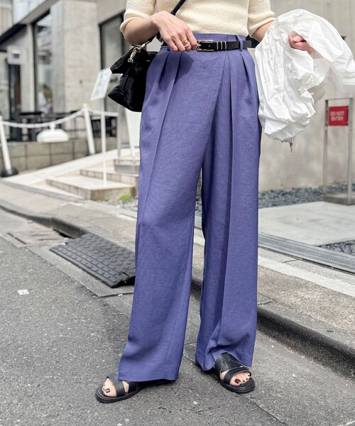 ワイドパンツ パンツ ウォッシャブルラップ風ワイドパンツ レディースの画像