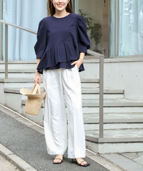 ワイドパンツ パンツ ウォッシャブルラップ風ワイドパンツ レディースの画像