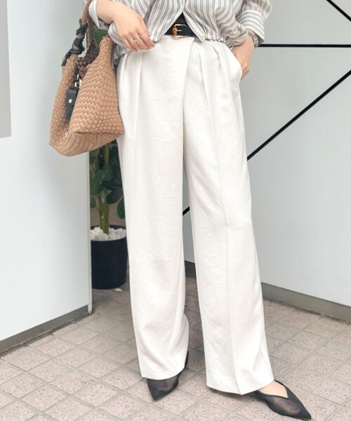 ワイドパンツ パンツ ウォッシャブルラップ風ワイドパンツ レディースの画像