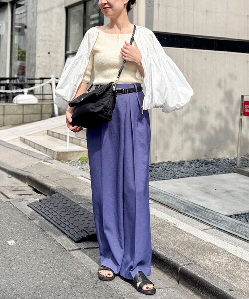 ワイドパンツ パンツ ウォッシャブルラップ風ワイドパンツ レディースの画像