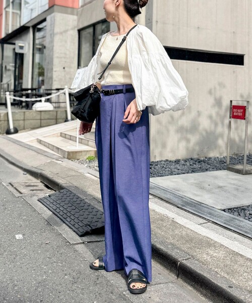 ワイドパンツ パンツ ウォッシャブルラップ風ワイドパンツ レディースの画像