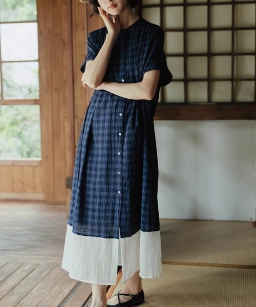 LUCPY ワンピース 半袖 ギンガムチェック切替ロングシャツワンピース