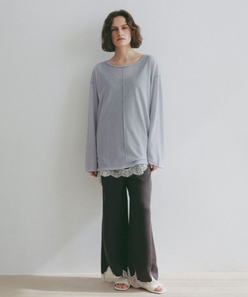ワイドパンツ パンツ ヘムレースキュプラリラクシーパンツ レディースの画像