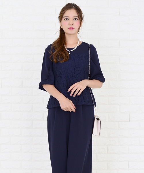 レースレディース Lace Ladies 花柄レースリボン袖セットアップ・パンツドレス （ブラック） レースレディース Lace Ladies 花柄レースリボン袖セットアップ