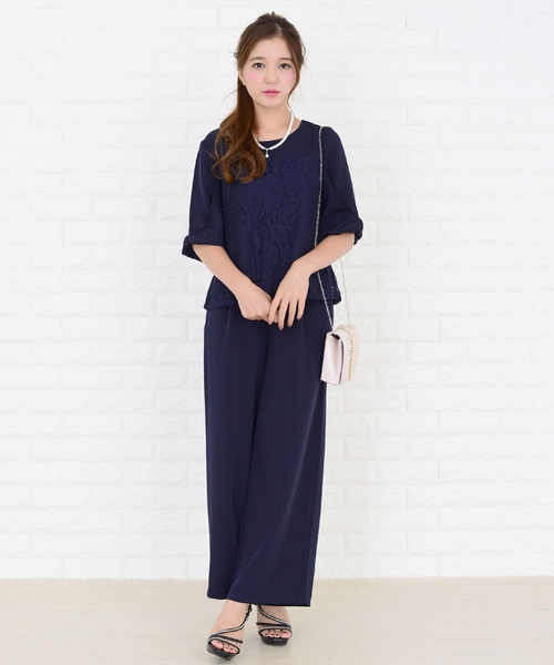 Lace Ladies パンツドレス 花柄レースリボン袖セットアップ