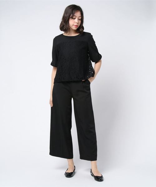 レースレディース Lace Ladies 花柄レースリボン袖セットアップ・パンツドレス （ブラック） レースレディース Lace Ladies ウエストリボン付きレース袖