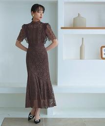 美品　ポワントリュネ　オケージョンドレス　レースワンピース　リボン　グレー　F セール】刺繍レース バックリボンドレス結婚式 パーティー