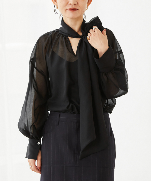 【美品】VERMEIL par IENA 黒 レースブラウス　リボン　23AW VERMEIL par iena シャツ ブラウス スパンボイルボウタイブラウス