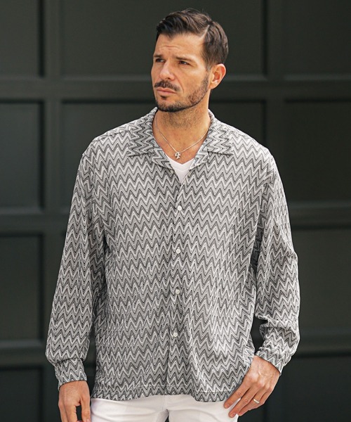 メンズ 総柄シャツ 切りっぱなし 羽織り 長袖シャツ O00187 シワ加工 襟ワイヤー入 総柄 長袖シャツ L レギュラーカラー