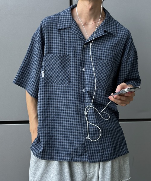 Perushu シャツ シアサッカーチェック開襟シャツ メンズ