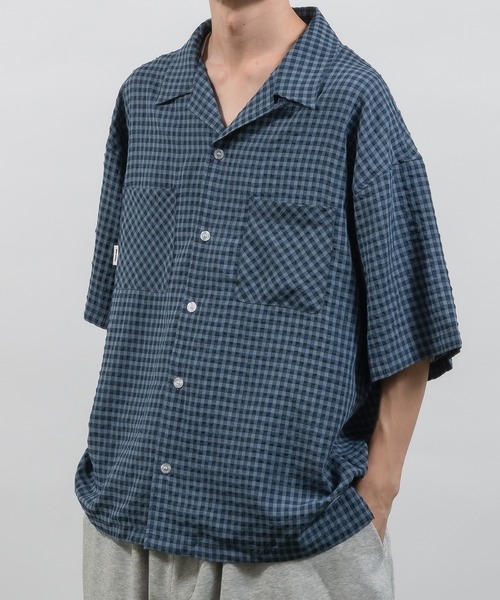 Perushu シャツ シアサッカーチェック開襟シャツ メンズ