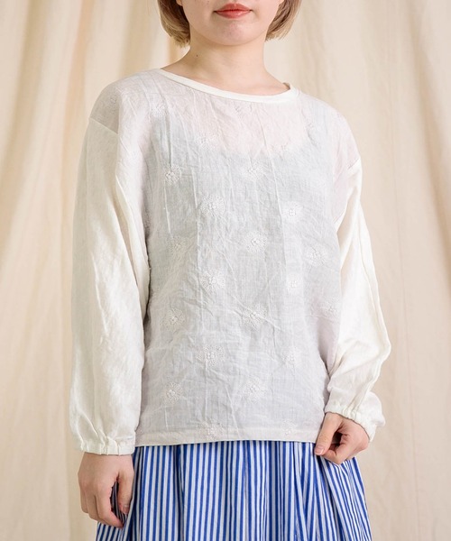 tシャツ 「prit」 綿麻ムラ糸天竺×リネンガーベラ刺繍 切替コクーンPO レディース