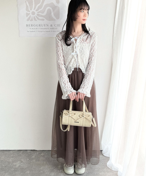 vintageレース リボン 花柄 ノーカラーカーディガン mily bilet カーディガン 「mily bilet」トレンドが華やか♪花柄レース