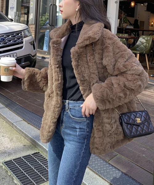 コート アウター ステンカラーフェイクファージャケット レディース