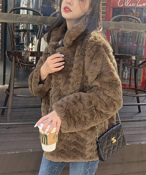 コート アウター ステンカラーフェイクファージャケット レディース