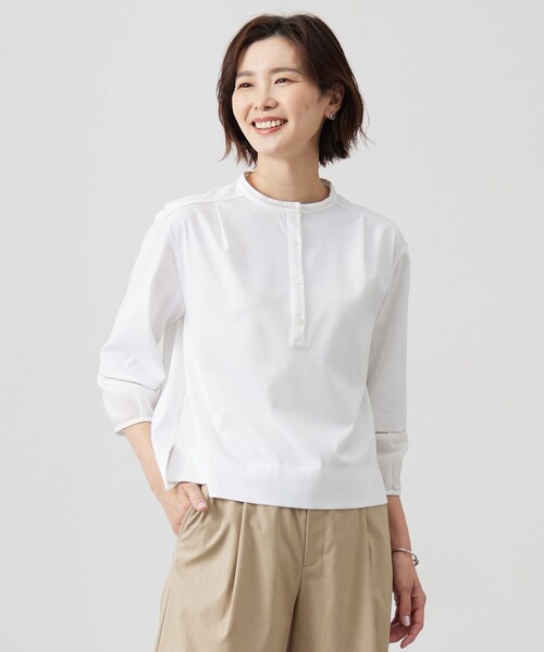 tシャツ 「洗える」プレーティングジャージー バンドカラー カットソー レディース