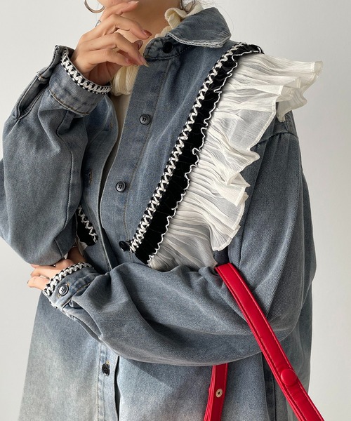 ブラウス シャツ テープフリルデニムシャツジャケット レディース antic rag ブラウス シャツ テープフリルデニムシャツジャケット