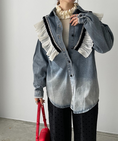 ブラウス シャツ テープフリルデニムシャツジャケット レディース antic rag ブラウス シャツ テープフリルデニムシャツジャケット