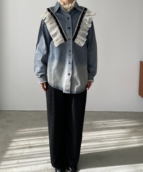ブラウス シャツ テープフリルデニムシャツジャケット レディース antic rag ブラウス シャツ テープフリルデニムシャツジャケット