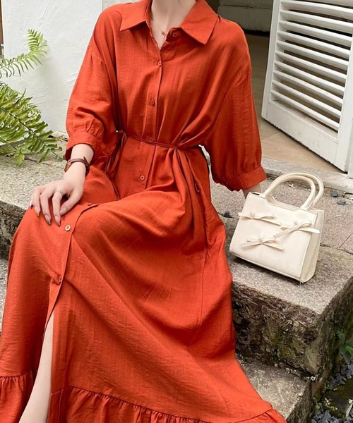 Diosfront ワンピース 七分袖オーバーサイズカラーシャツワンピース