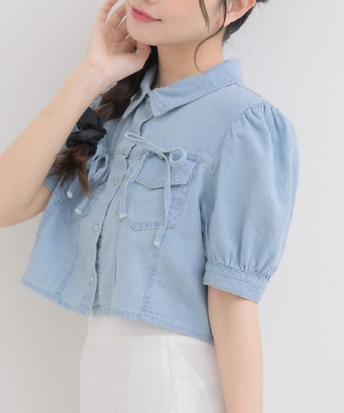 期間限定お値下げ、。ショートデニムシャツ Enjouemen（エンジョウメン） スナップボタンデニムシャツ【SALE