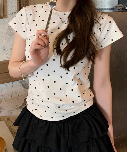 tシャツ 半袖 ドット タイト クロップド 半袖Tシャツ レディース
