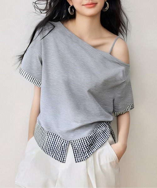 tシャツ ワンショルレイヤードチェックトップス レディース