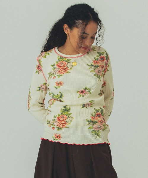 ROSE BUD（ローズバッド） tシャツ (mag.by c)FLOWER PRINT WAFFLE TOP