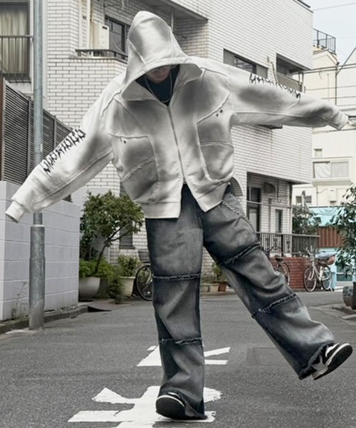 8 パーカー スプレー加工切り替えZIPパーカー メンズ レディース